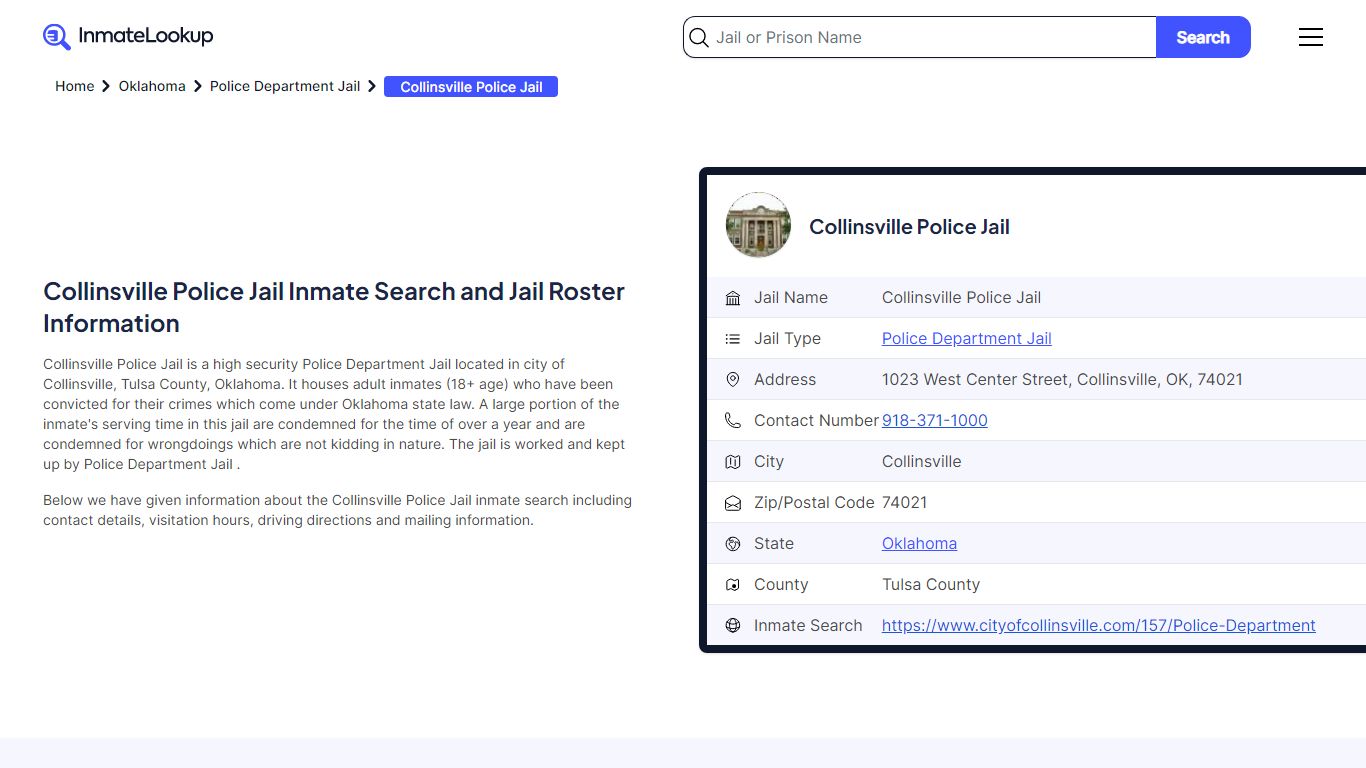 Collinsville Police Jail (OK) Inmate Search Oklahoma - Inmate Lookup